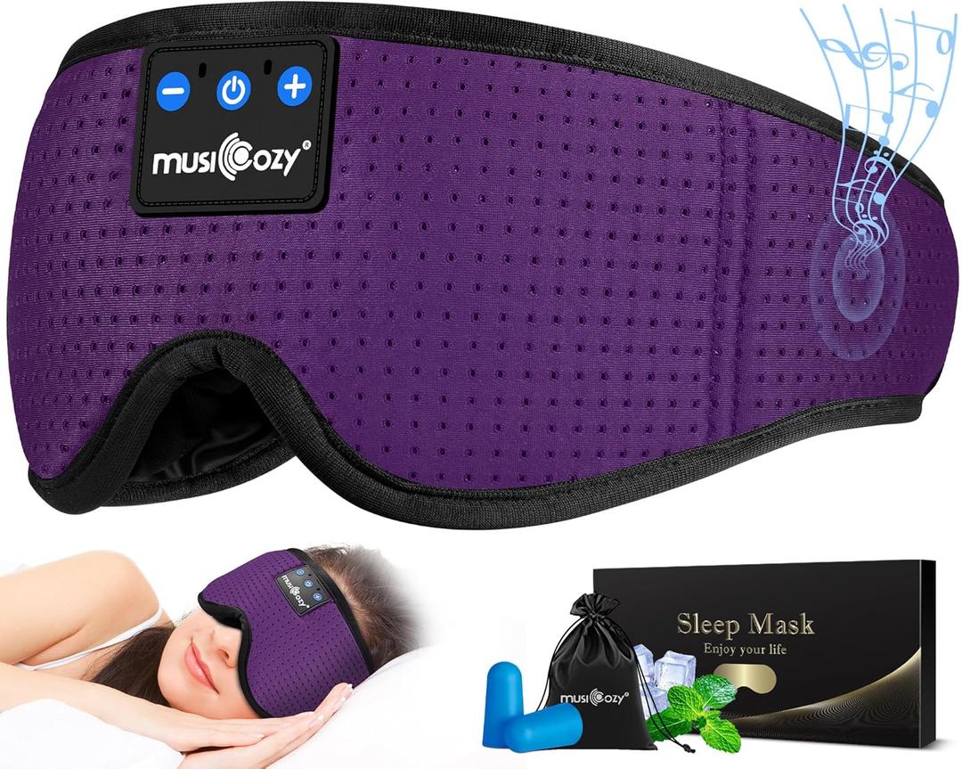 MUSICOZY Sleep Headphones Masks, Bluetooth Sleep Eye Mask for Sleeping for Side Sleepers, Sleeping Masks Headphones Wireless Music Mask Men Women with Speakers Cool Tech Gadgets Gifts (Purple)
