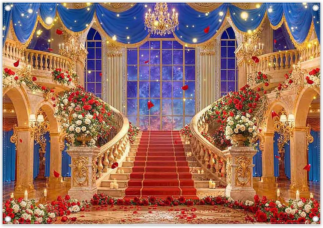 7x5ft Fabric Love Day Wedding Hall Backdrop Glitter Golden Staircase Floral Rose Curtain Photography Background Romantic Party Decorations Photo Booth Banner