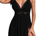 BemorRun Sexy Night Gowns for Woman Sexy Sleepwear Lace Chemise V-Neck Babydoll Lingerie Slip Nightie with Side Slits, L Black
