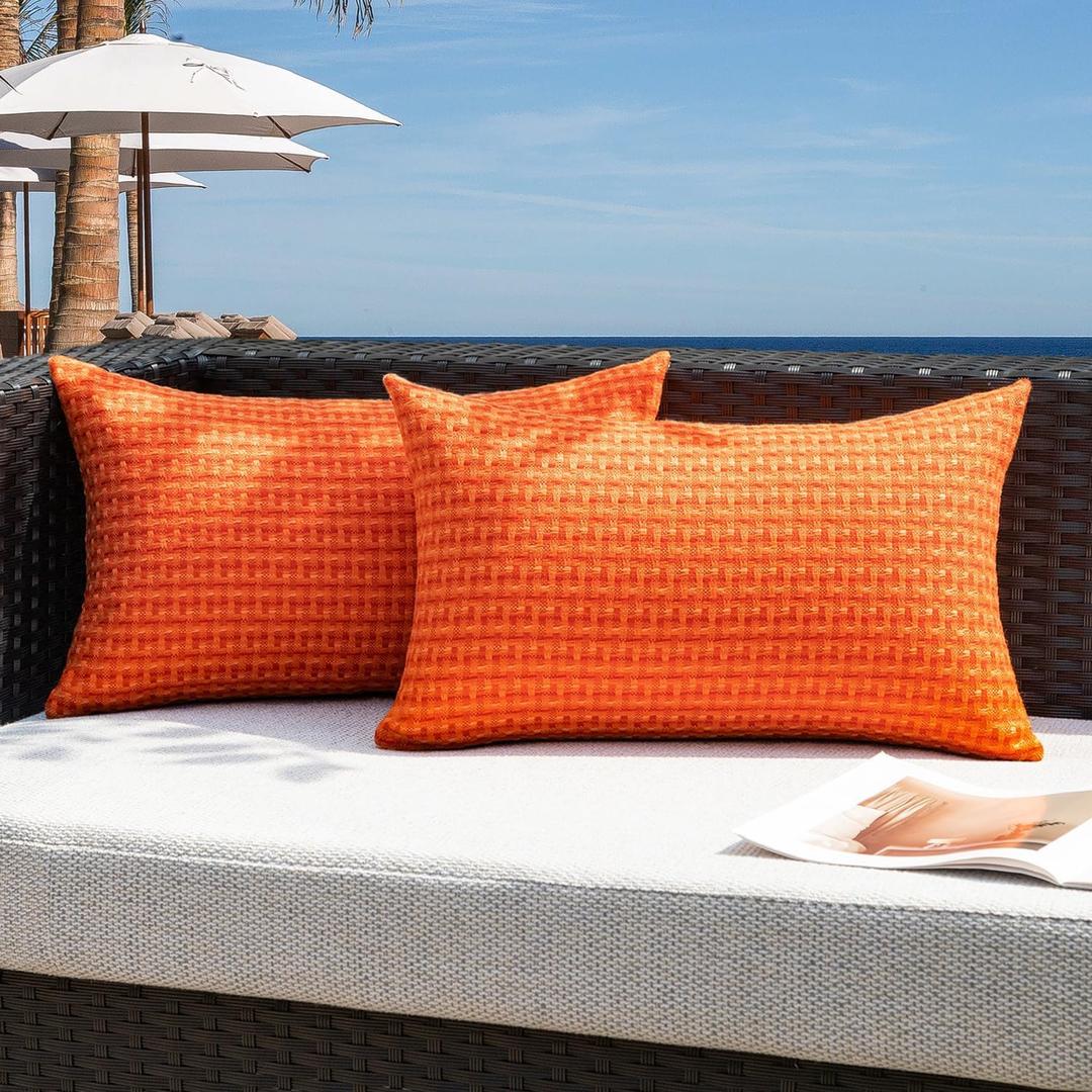 Kevin Textile Fall Outdoor Waterproof Throw Pillow Covers Pack of 2 Boho Farmhouse Decorative Lumbar Cushion Covers for Garden Patio Tent Balcony Bench Couch Sofa 12x24 Inch, Orange