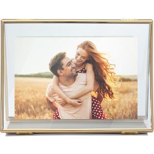 MIMOSA MOMENTS Collapsible Double-side Brass Metal Floating 4x6 Picture Frame, Tabelop Photo Frame Display 2 pcs 4x6 Horizontal Photo