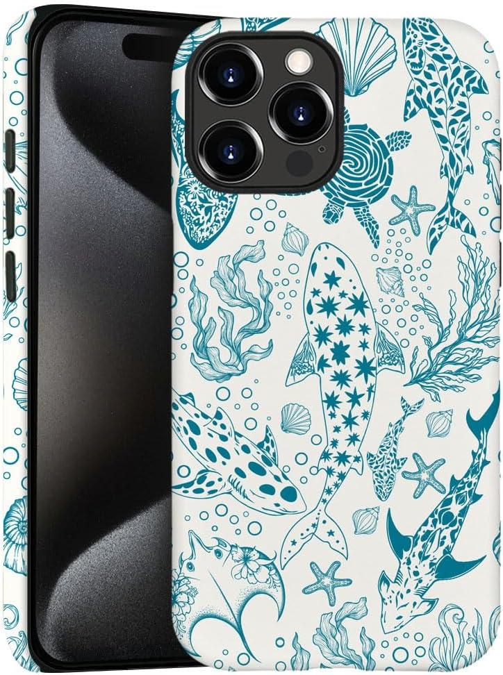 Case for iPhone 14 Pro,Coral Reef Whale Turtles Blue Green Phone Case Slim Silicone Shockproof Cover for Girls Women（Frosted & Durable）