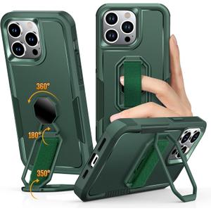 Shields Up for iPhone 15 Pro Max Case with Stand (Two-Way Stand & Finger Strap), 15 Pro Max Phone Case Phone Grip Case with Double Ring Holder, Heavy Duty Shockproof Cover, Green