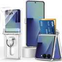 Card Holder Case for Samsung Galaxy Z Flip 7 with Ring and Hinge Protection, 2X Screen Protectors, Slim Wallet Cover Hard PC Anti-Fingerprint Matte Shell for Galaxy Z Flip 7, Transparent