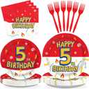 Grencian 96Pcs 5th Cartoon Happy Birthday Party Supplies Red and White Paper Plates and Napkins Tableware Sets Large Anime Themed Decoration for Birthday Cartoon Kids Children Party Serves 24