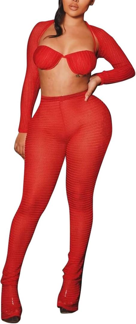 Kafiloe Birthday Outfits for Women Sexy 2 Piece Outfits Clubwear Mesh See Through Crop Top Bodycon Flare Pants Set (Large, Red)