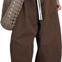 Gihuo Women's Cotton Wide Leg Pants, Elastic Waist Harem Style, Casual Baggy Palazzo Pants with Pockets(Brown-M)