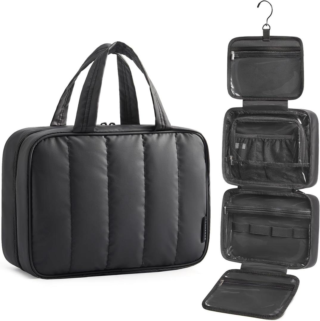 BAGSMART Travel Toiletry Bag for women, Portable Hanging Hook Makeup Bag Organizer, Waterproof Makeup Cosmetic Bag, for Full-Size Accessories, Toiletries,Black (Large)