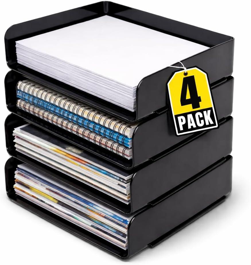 1InTheOffice Stackable Paper Tray Organizer, Plastic Letter Tray, Office Desk Tray, Black (4Pack)