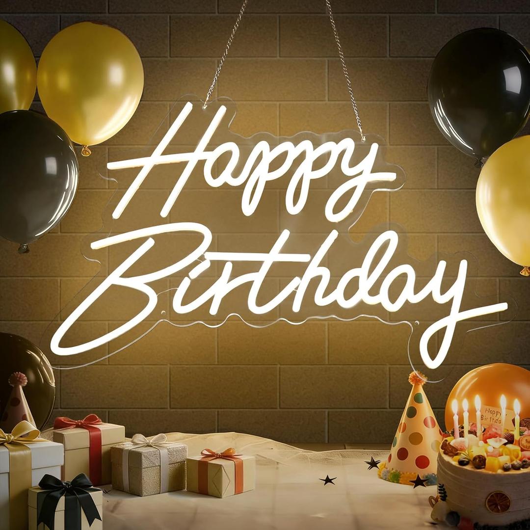 HMT Happy Birthday Neon Sign USB Powered 19.611.8 Inch Large LED Light Up Sign for Backdrop & Birthday Party Decor