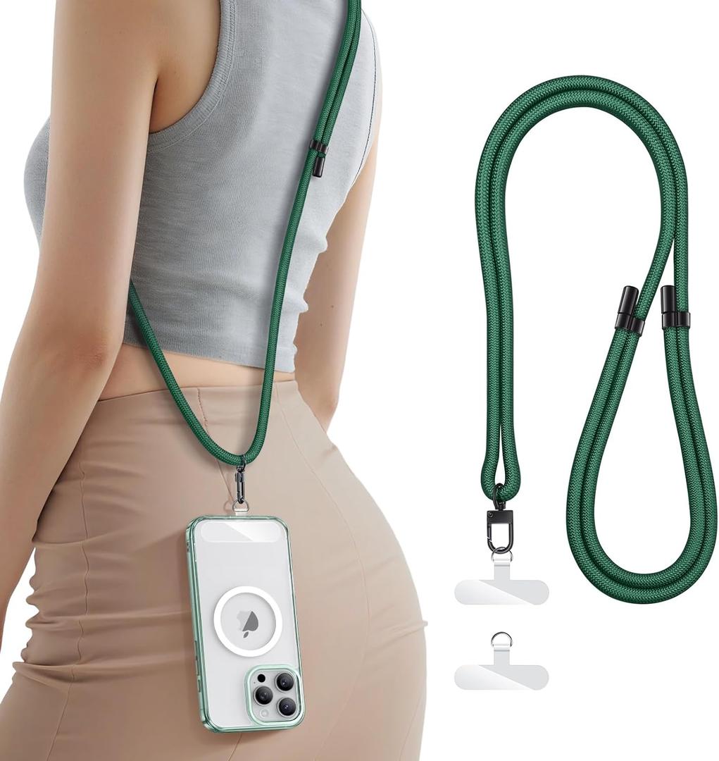 SSLOTSCASE for Phone Lanyard Crossbody with 2X Clear Phone Tabs, Adjustable Anti Theft Phone Strap, Premium Metal Carabiner, Skin-Soft, Wrist Strap for iPhone Samsung Pixel Most Smartphones, Green