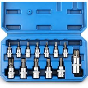 PTSTEL 13Pcs Torx Bit Socket Set T8-T70 CRV Star Sockets 1/4-inch, 3/8-inch & 1/2-inch Drive For Hand Use Work On Cars, Trucks, Appliances, Lawn Equipment, Machinery, and Other Jobs With Storage Case