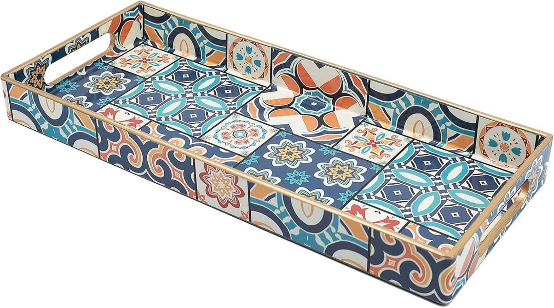 Bathroom Vanity Tray for Countertop, Small Plastic Toilet Tank Tray Versatile Storage & Organization Tray for Makeup, Perfume, Desk, Kitchen, Candles, 13.7"x6"x1.4", 35Boho2 (15multi2)