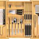 Bamboo Expandable Kitchen Drawer Organizer Adjustable Silverware Drawer Cutlery Tray and 5 Card Slots with Removable Knife Block Cutlery Silverware Flatware Holder for Gadgets Storage Divider