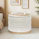 Round Storage Ottoman with Tray Lid, Folding Chenille Fabric Footrest with Hidden Storage, 22.8" Large Footstool Side Table for Dorm Living Room Bedroom, Wood Grain Base, Cream White