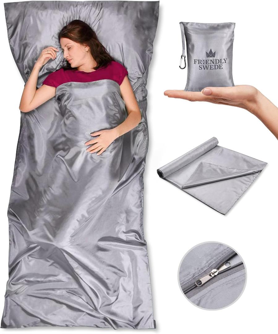 The Friendly Swede Sleeping Bag Liner  Ultralight Polyester or Cold Weather Microfiber Adult Sleep Sack- Camping Sheets - Travel Sleeping Bag with Pocket-Size Stuff Sack (Grey Polyester - with Zipper - XL)