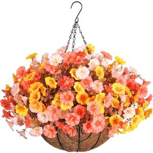 Artificial Fall Flowers Fake Hanging Plants Flowers Basket for Outdoors Autumn Decoration, Silk Morning Glory with Eucalyptus Look Real UV Resistant Faux Flowers for Outside Porch Patio Balcony, Mix (Multi-color (4 Orange, 4 Yellow, 4 Light Orange))