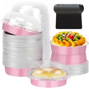 LNYZQUS 4” Mini Cake Tins with Lids 50 Pack, Small Aluminum Foil Pie Pans Disposable Ramekins Mini Tart Creme Brulee Baking Pans Dishes,Individual Muffin Tins Small Cake Contaniers-Pink
