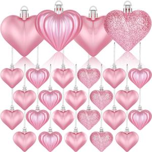 36Pcs Valentines Day Decor Heart Ornaments Pink Heart Shaped Baubles Ornaments for Valentine's Day Hanging Decorations or Wedding Anniversary Party Supplies Home Tree Decorations (4 Styles)