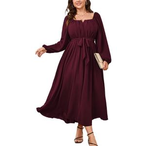 SCOMCHIC Women Plus Size Maxi Dress Long Sleeve Square Neck Wedding Guest Cocktail Belted Elegant Flowy A Line Long Dresses Burgundy 4XL
