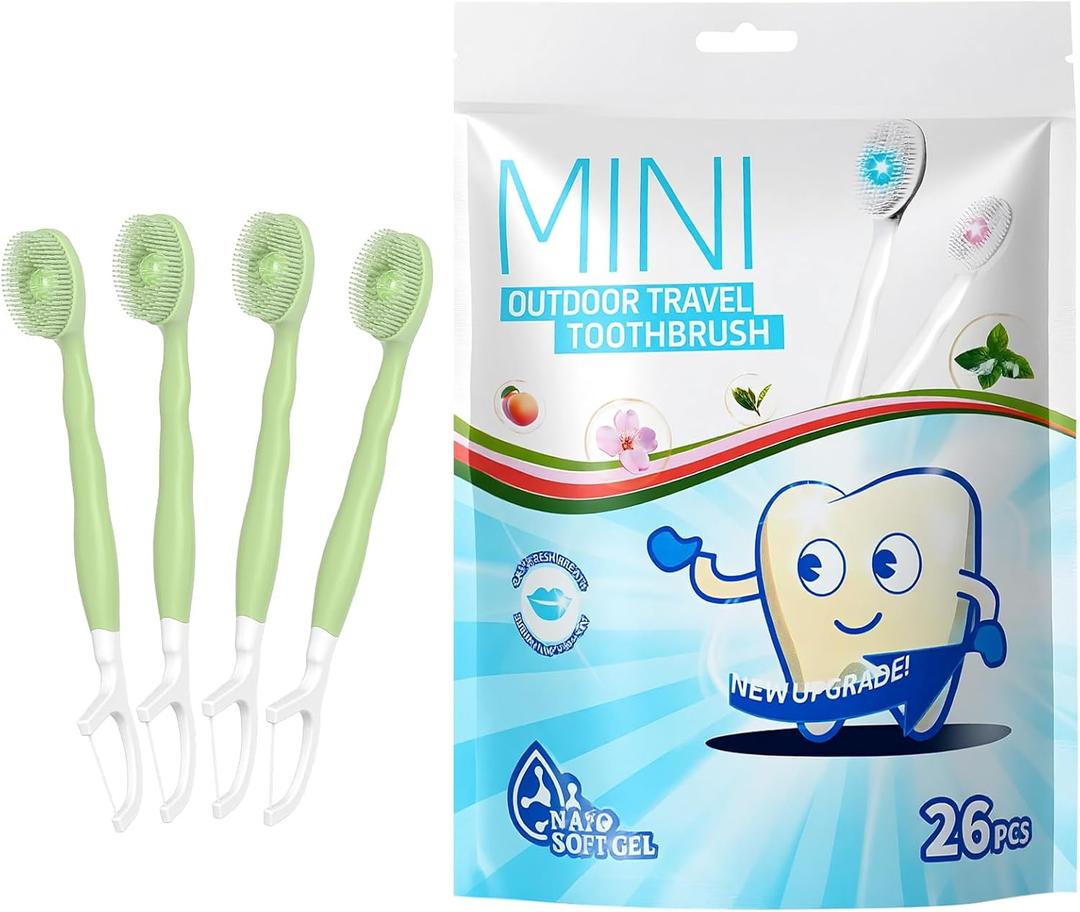 Mini Brushes-Disposable Toothbrushes with Toothpaste + Tongue Scraper + Picks+Floss Pick 5 in 1 Individually Wrapped for Work or Travel 26 Count (Iced Apple Flavor)
