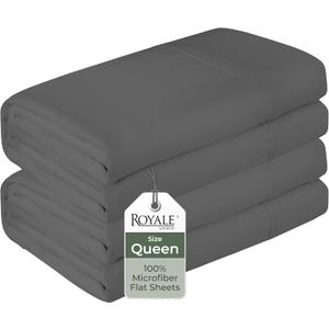 Royale Linens 2 Pack Bulk Flat Sheet Set - Top Sheets - Soft 1800 Microfiber - Wrinkle & Stain Resistant - for Hotel, Massage Table, Hospital, Dorm - Queen Flat Sheet Sold Separately (Queen, Grey)