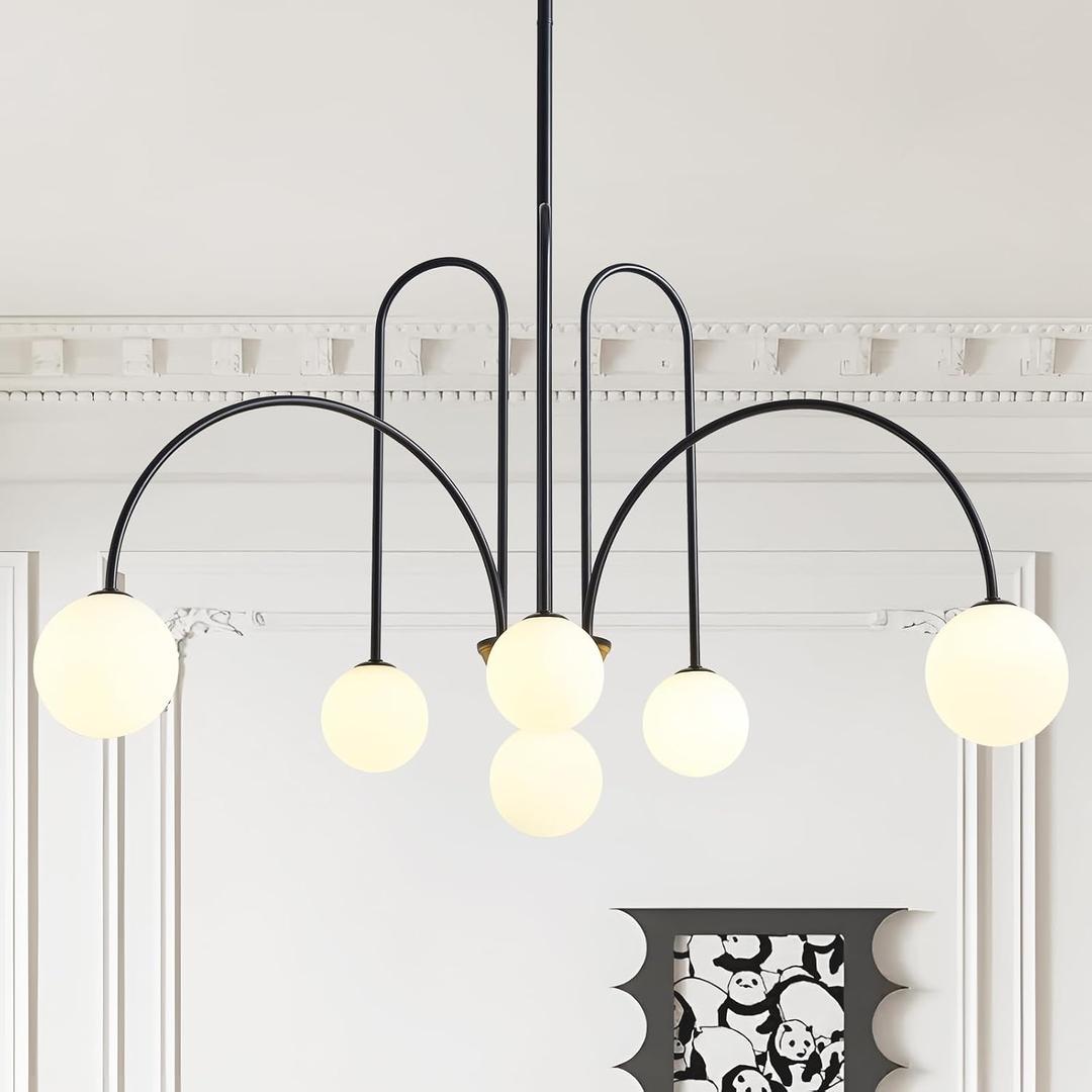 Modern Black Sputnik Chandelier 6-Light Mid Century Chandelier for Dining Room with Milky Glass Globe Ceiling Pendent Light Fixture for Living Room Kitchen Island Foyer Bedroom