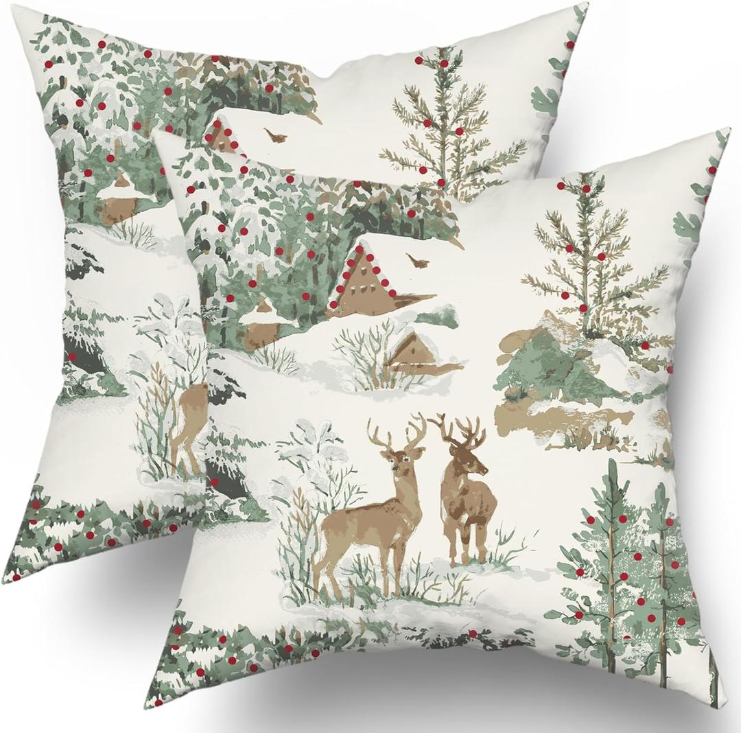 Winter Pillow Covers 18x18 Set of 2 Rustic Deer Tree Cabin Brown Auqa Winter Themed Style Forest Print Decorative Outdoor Pillowcases Christmas Farmhouse Throw Cushion Case Decor for Couch Sofa Bed (White)