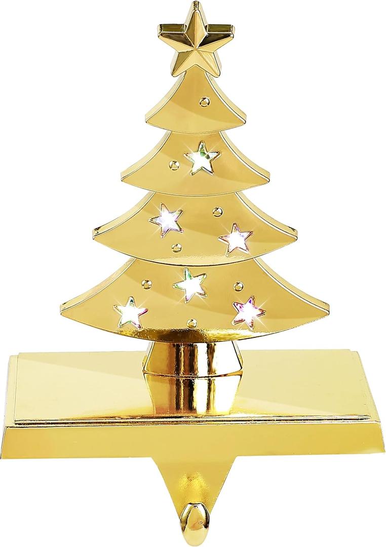 Amooca Christmas Stocking Holders Non-Slip Metal Hooks LED Lights Tree Decor Fireplace Mantle Stocking Hanger for Party Decorations (Gold)