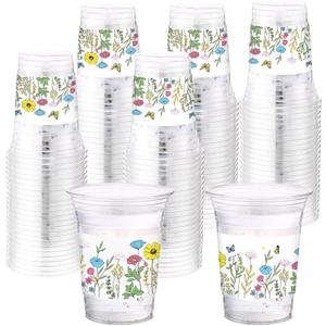 Hushee 60 Pcs Floral Cups with Spring Summer Flower 16 oz Wildflowers Plastic Disposable Drinking Cups for Summer Spring Birthday Baby Shower Party Supplies(Wild Floral)