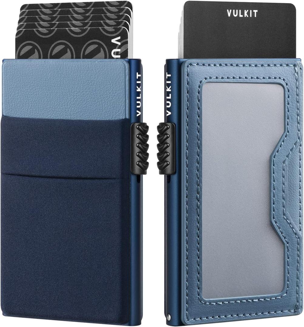 VULKIT Minimalist Wallet with ID Window & EDC Pocket Pop Up Card Holder RFID Blocking Slim Wallet Design for Airtag Cash Coins & Credit Cards (One Size, Navy)