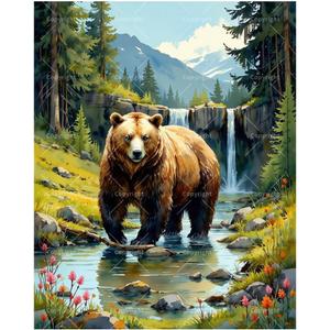 Brown Bear Paint by Numbers Kit for Adults - DIY Grizzly Bear by Waterfall in Forest Painting on Canvas, Acrylic Paint Set, Suitable for Beginners, Art for Home Decoration or Gifts(12X16IN Framed)