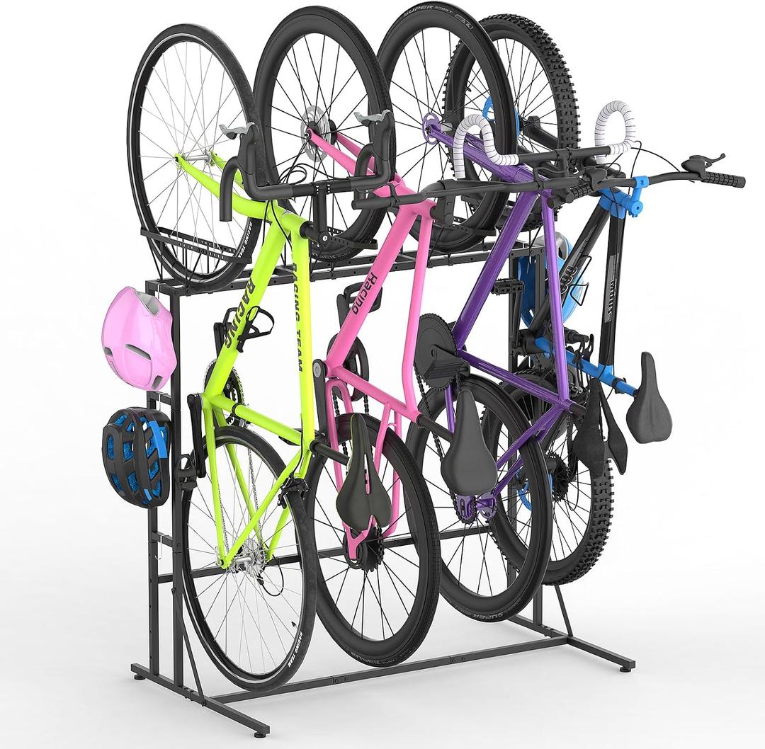 YBING Freestanding Bike Rack Garage - 4 Bikes Vertical Bike Storage Stand