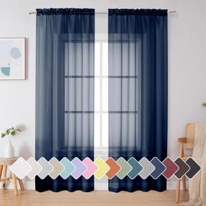 Simplebrand Blue Sheer Curtains 84 Inches Long, Light Filtering Rod Pocket Solid Color Sheer Window Curtain Panels, Elegant Curtains & Drapes for Bedroom 2 Panels (Navy Blue, 42" W x 84" L)
