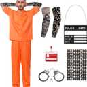 Prisoner Costume Men, Orange Inmate Outfits Jail Costume Men with Handcuffs, Halloween Costume Adult (X-Large, Style B)