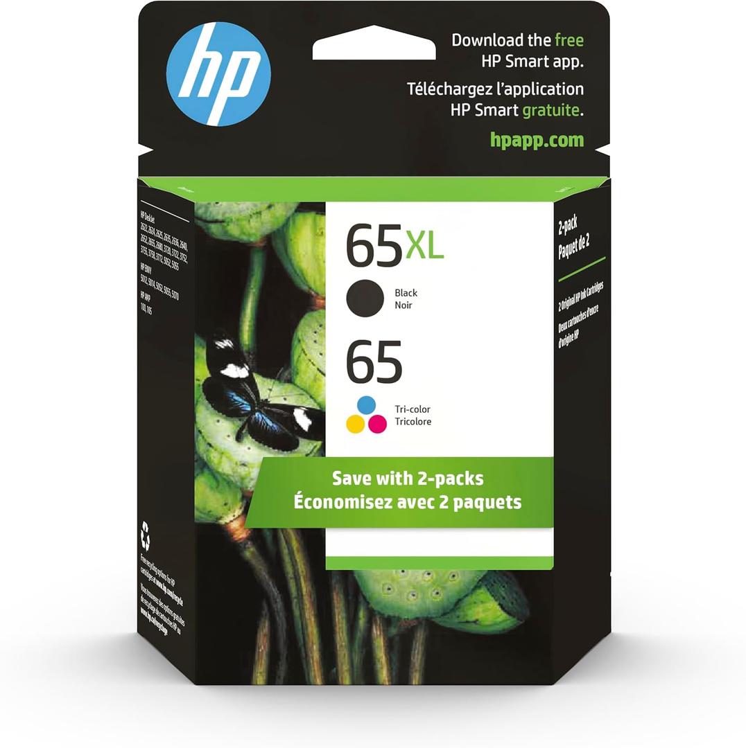 HP Original 65 Tri-Color / 65XL Black Ink Cartridges (2-pk) | Works AMP 100 Series DeskJet 2600, 3700 Series Envy 5000 Series | Eligible for Instant Ink | 6ZD95AN