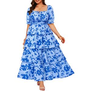 Plus Size Summer Dresses 2026 - Floral Milkmaid Puff Sleeve Casual Ruffle Tiered Maxi Long Sundress,18Plus