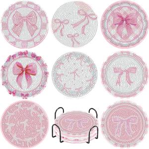 8 Pcs Diamond Painting Coasters,Diamond Painting Kits,Pink Bow Diamond Art Coasters,5D DIY Full Drill Diamond Dots,Gem Art Kits for Adults Arts and Crafts Supplies