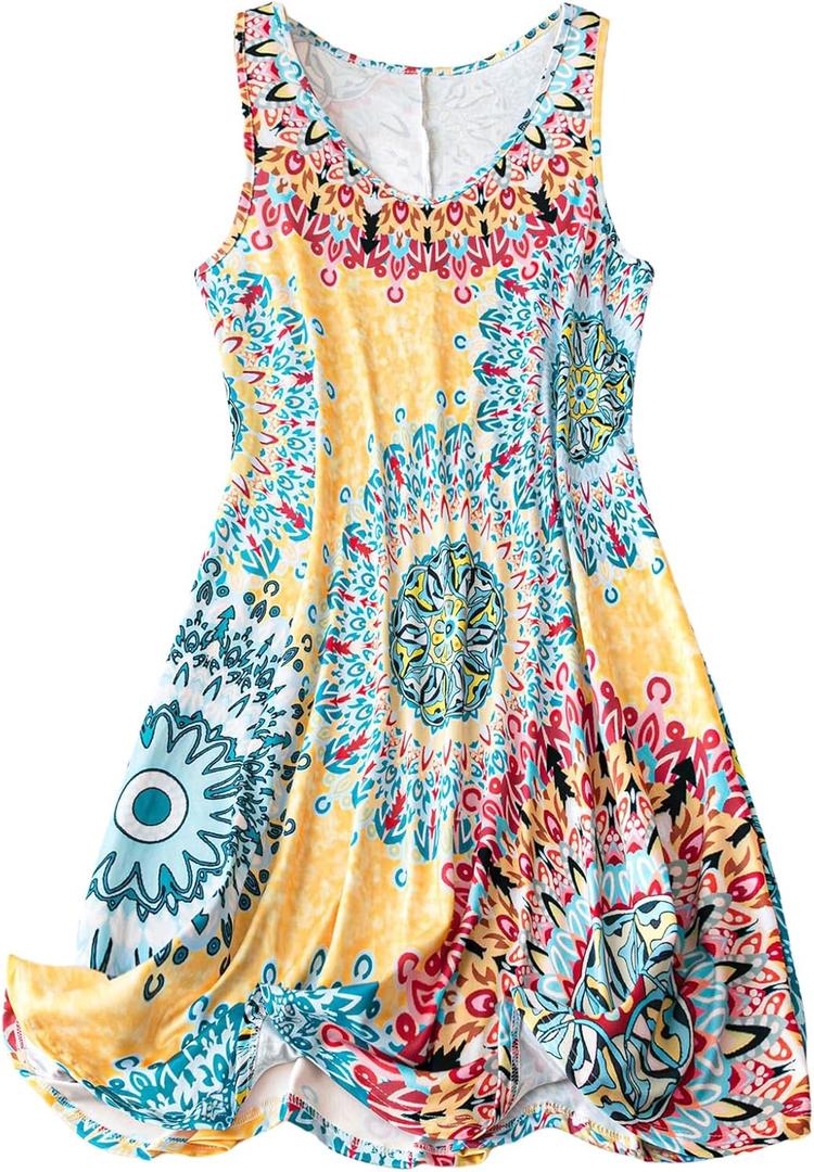 COZYEASE Women's Plus Size Bohemian Graphic Midi Dress V Neck Sleeveless Flared Boho Dresses (3X-Large Plus, Yellow)