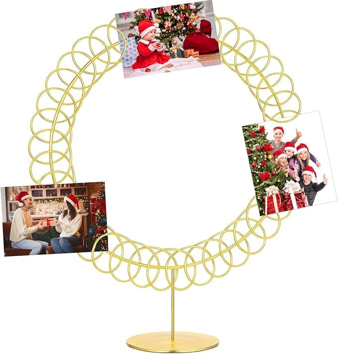 MorningRo Metal Christmas Card Holder Wreath Xmas Card Display Spiral Photo Holder Decorative Tabletop Photo Rack Spiral Wreath for Holiday Party Picture Table Gift(Gold,Round)