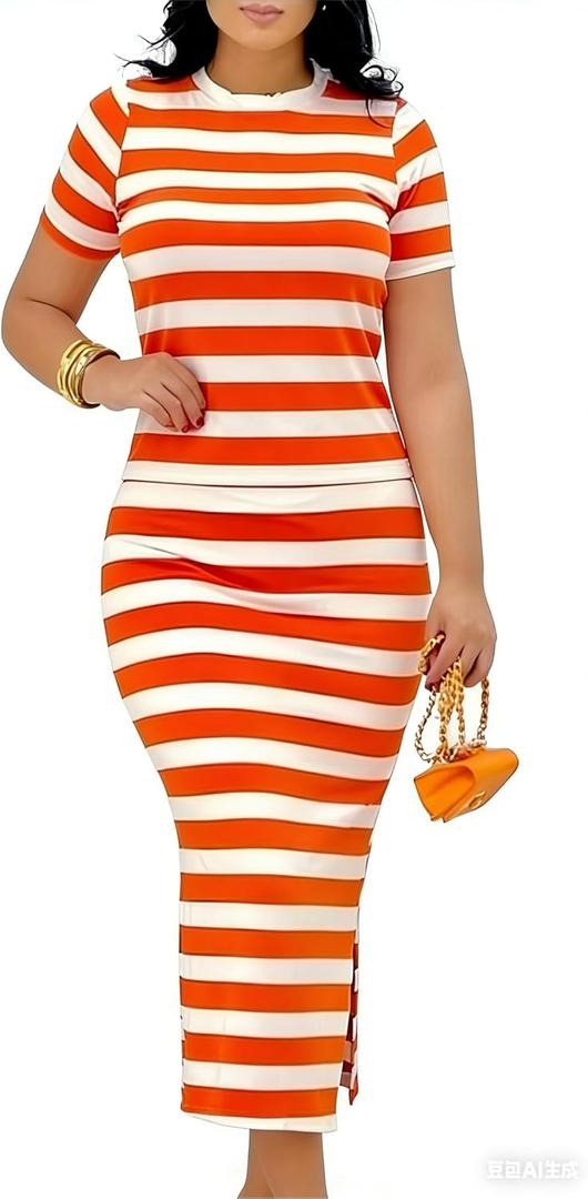 2 Piece Skirts Sets for Women Fall Fashion 2026 Striped Dress Lounge Travel Outfits Summer Clothing (Orange, S)