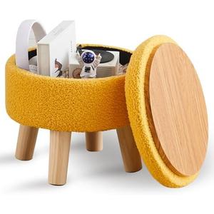 Wimarsbon Storage Ottoman, Modern Round Footrest with Soft Padded Seat, Teddy Velvet Footstool with Wood Legs, Accent Small Table or Plant Stand for Hallway, Living Room (Brilliant Yellow)