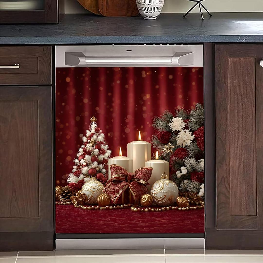 BVBOX Winter Dishwasher Magnet Cover 23"x26", Reusable Magnetic Refrigerator Covers, Dishwasher Magnets Decorative Cover Fridge Door Skin Panel Stickers (Candlelight Christmas)