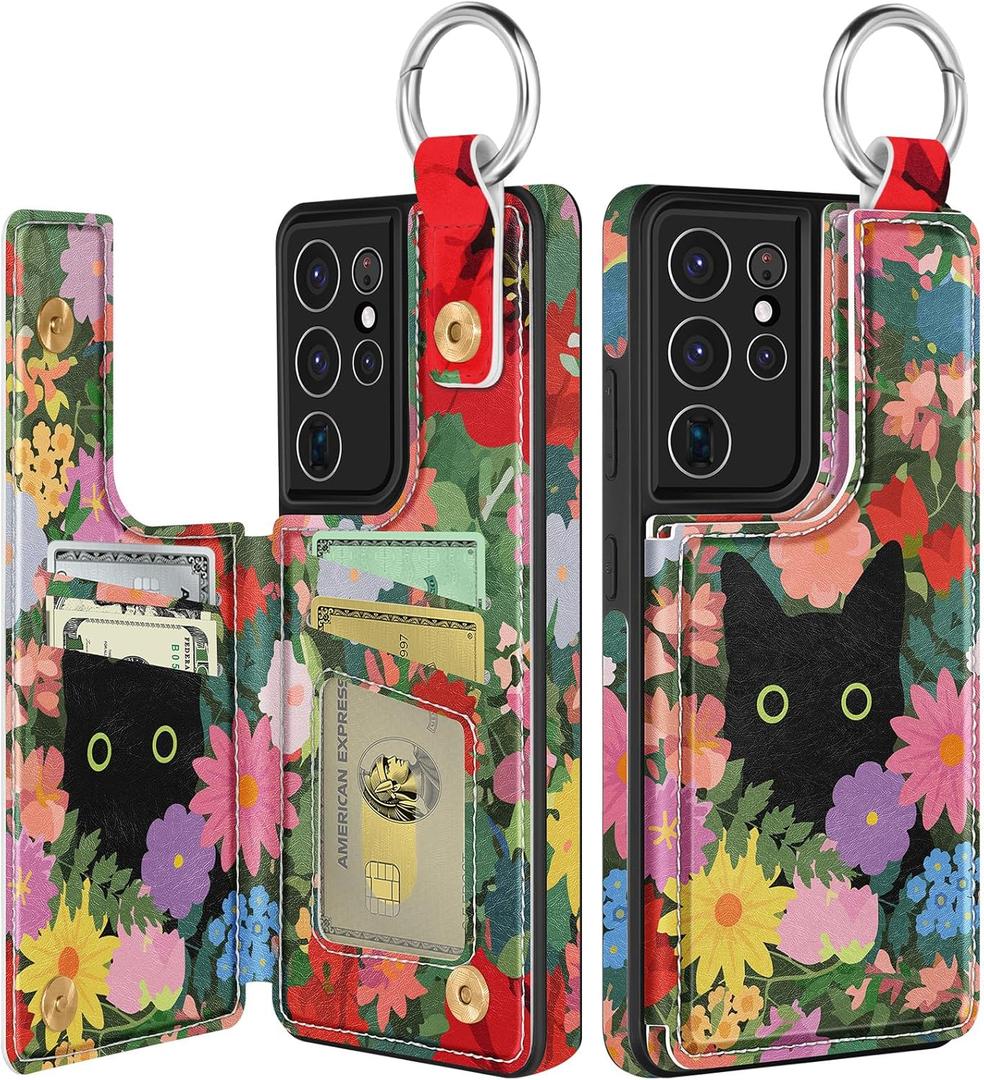 Shorogyt for Samsung S21 Ultra Wallet Case with Card Holder - Cute Designer Flower Cat Pattern Kickstand Magnetic Clasp Back Flip Folio Leather Phone Cases for Women Men Girls for Galaxy S21 Ultra