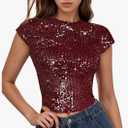 WDIRARA Women's Sequin Boat Neck Shirts Sparkle Glitter Backless Tee Cap Sleeve Crop Tops S