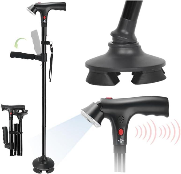 Walking Cane for Men & Women, 3-in-1 Folding Cane with Alarm and Light, Adjustable, Free Standing, Collapsible Walking Stick for Seniors Balance with a Second Handle, For Height (5'5" - 6'2" )