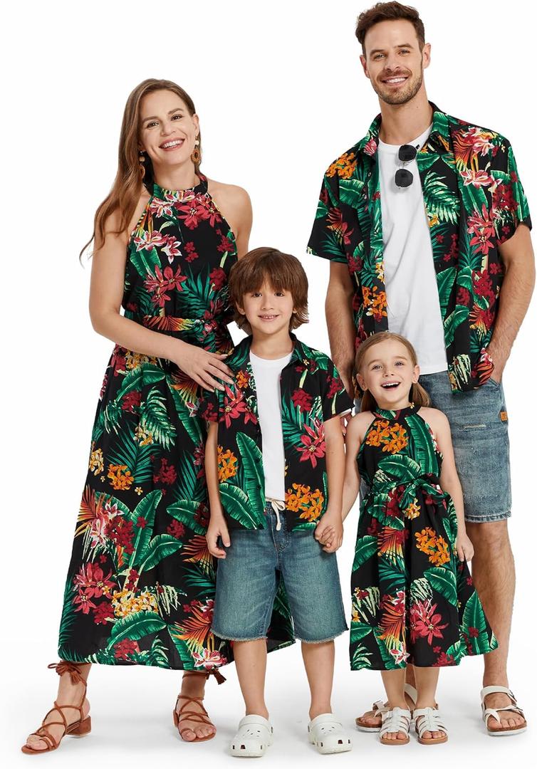 PATPAT Family Hawaiian Matching Outfits Mommy and Me Outfits Caribbean Vacation Summer Tropical Halter Sundresses and Shirts (3-6 Months, Black Floral)