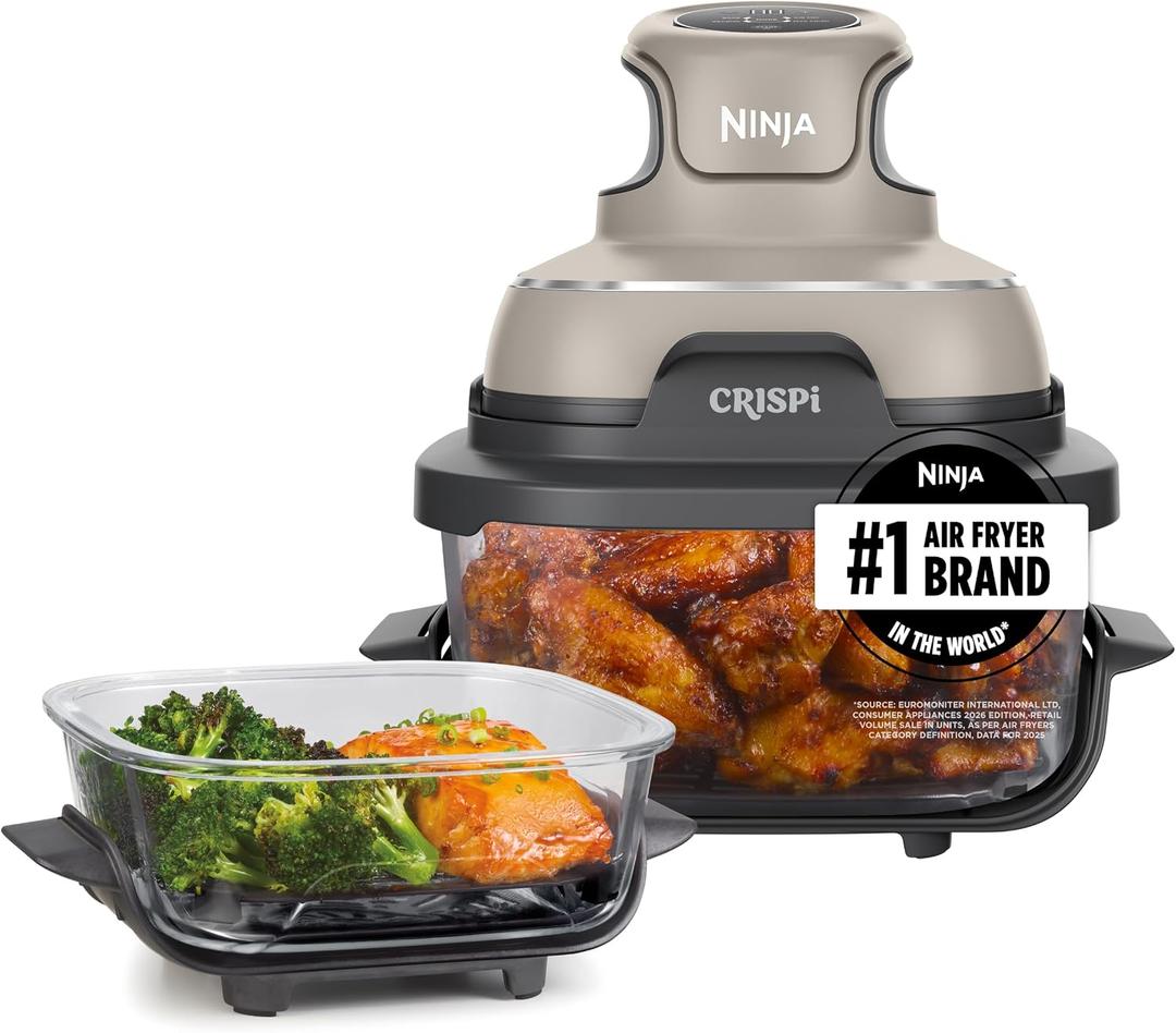 Ninja Crispi Glass Air Fryer, 4-in-1, Stone, FN101ST | Max crisp, bake, air fry, recrisp, 450F max, 4 Qt and 6 Cup containers, PFAS-free glass