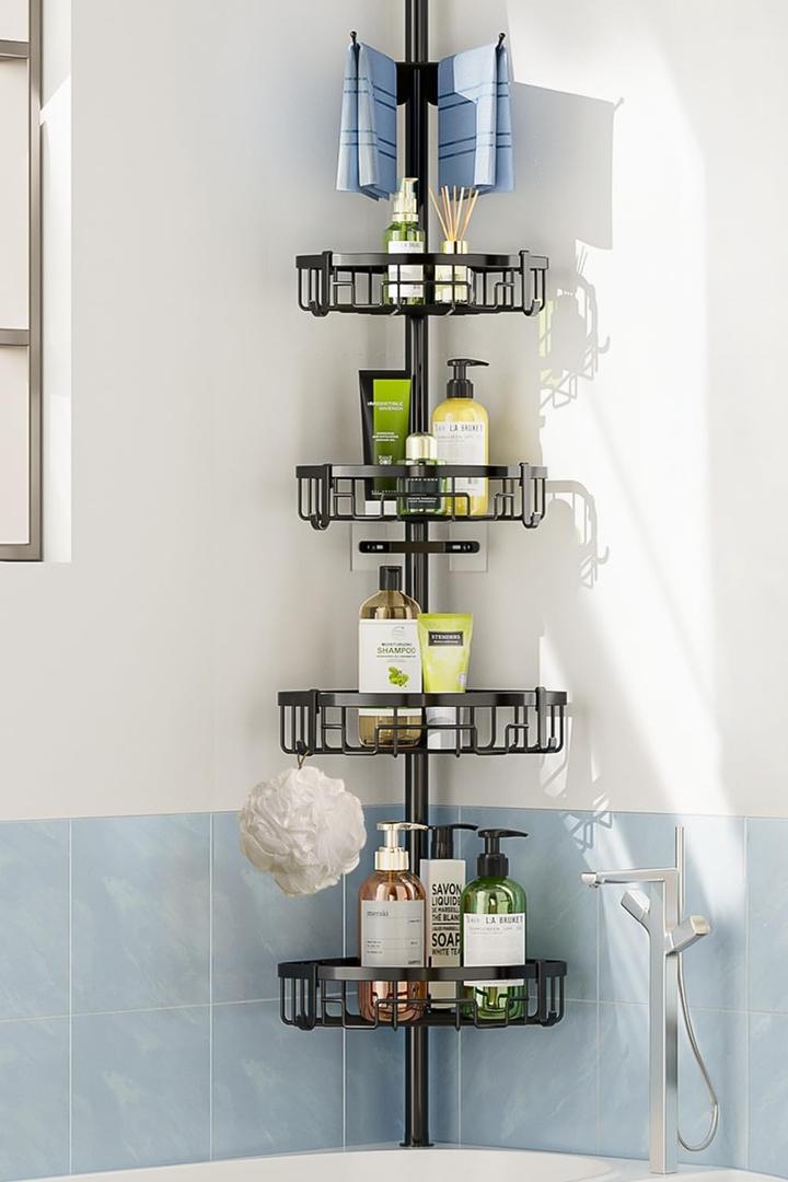 Coonoor Corner Shower Caddy Tension Pole - 62-115 INCH - 4-Tier Rustproof Bathroom Organizer Shelves, Adjustable Bathtub Tub Shampoo Storage (Black)