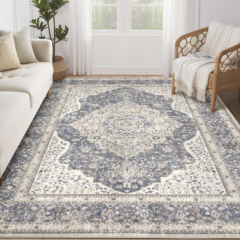 Washable Rug 6x9 Area Rugs for Living Room Bedroom Dining Room Home Office Floor Decor -Stain & Fade Resistant Non Slip Backing Carpet,Ultra-Thin Vintage Large Carpets (Blue/Beige, 6'x9')